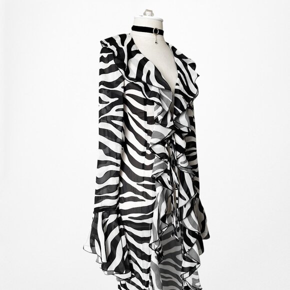 Black White Zebra Print Long Bell Sleeves Ruffle Maxi Cardigan Dress Size S - Picture 8 of 9